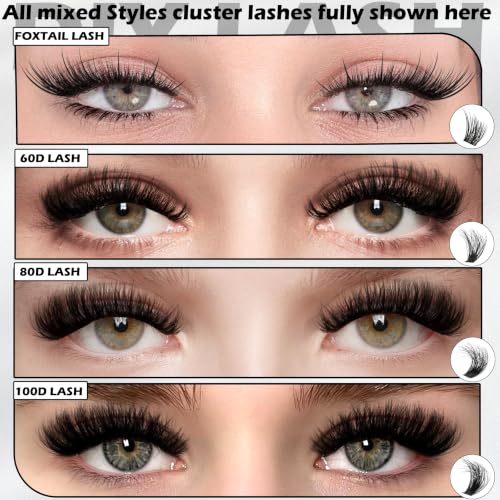 Fox Eye Lash Clusters Kit - 4 Styles with Bottom Lashes, 60D/80D/100D, Fox Eye Variation