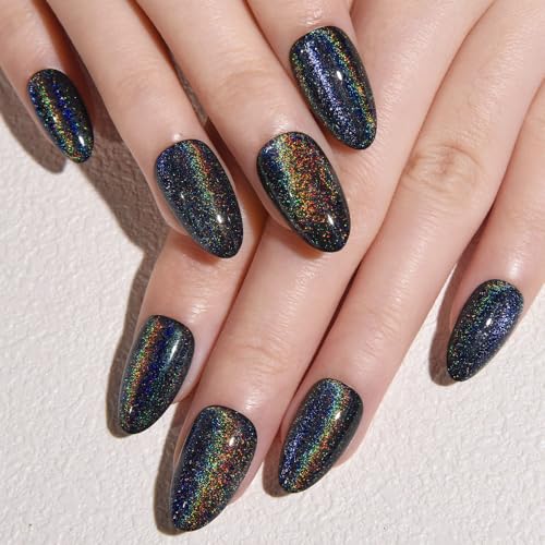 evpct Black Iridescent Colorful Glitter Cat Eye Press-On Nails Short Almond 24Pcs