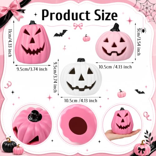 Pink Halloween Pumpkin Decorations Set - Resin Jack O Lanterns with Light-Ready Hollow Bases