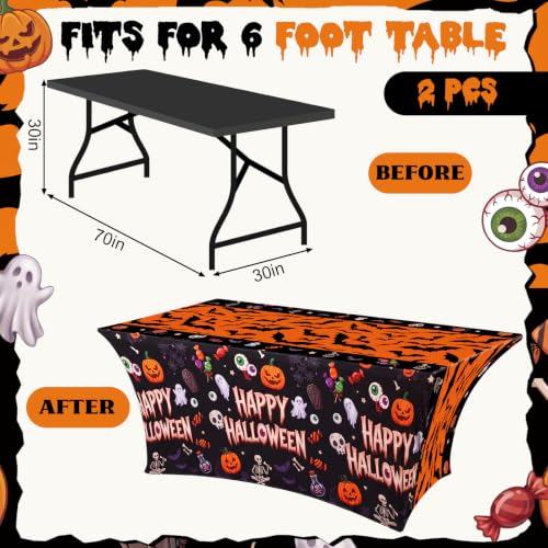 Halloween Tablecloth Set - 2 Elastic Spandex Cover with Skeletons Bats Ghosts Pumpkin - 6ft