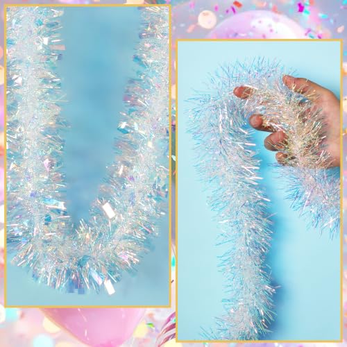 Iridescent White Tinsel Garland - 100 ft Metallic Christmas Decorations