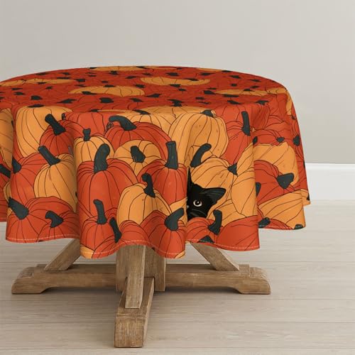 Black Cat Pumpkin Fall Round Tablecloth 70x70 Inch Seasonal Decor - Orange