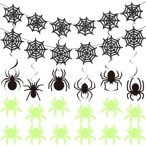 Halloween Hanging Spider Web Decorations Set with Glitter Garlands and Glow-In-The-Dark Stickers