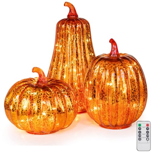 Set of 3 Glass Pumpkin Lights with Timer - Fall Halloween Thanksgiving Decor