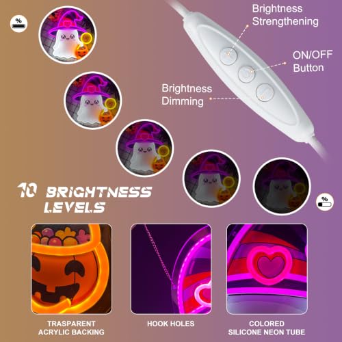 Halloween Ghost Neon Sign Dimmable with Witch Hat - Colorful LED Light