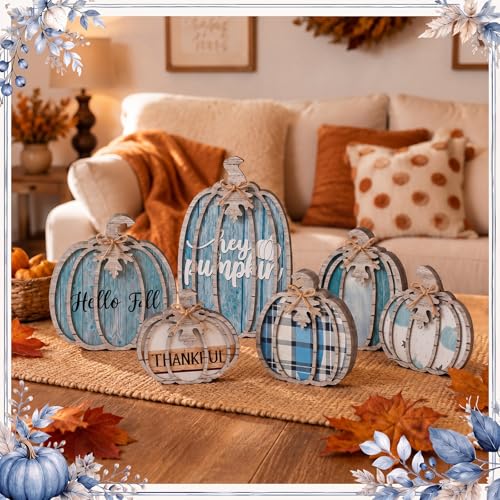 Blue Fall Pumpkin Decor Set - 6 Pcs Thanksgiving Table Centerpiece with Variations