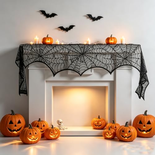 Halloween Black Lace Spiderweb Mantel Scarf - Indoor Fireplace & Table Decor