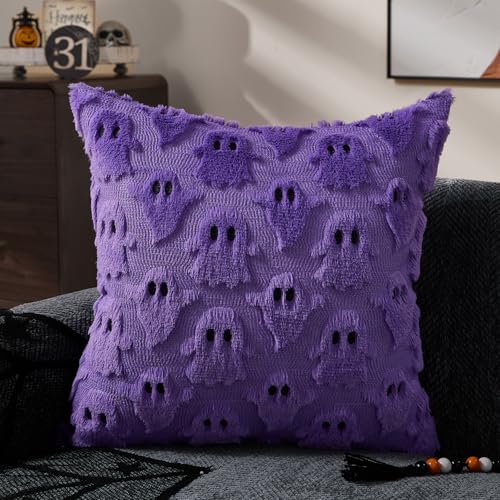 Halloween Pillow Covers 20x20 Inch Purple Ghost Set of 2 - Spooky Home Decor