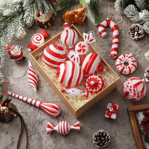 Red and White Christmas Ornaments Set - Candy Cane Holiday Decorations, Hand Painted, Shatterproof Plastic, 48 Pieces