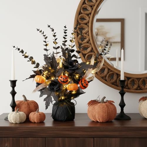 Halloween Centerpiece Set with LED Lights - Black Roses, Pumpkin Flowers, Eucalyptus, 16-Inch Decor