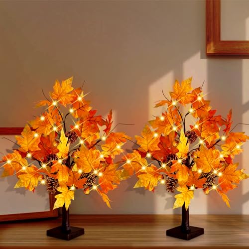 2 Pieces 24 Inch Artificial Fall Tree with LED Lights Battery & USB Operated - Thanksgiving Autumn Decor - Variation 2