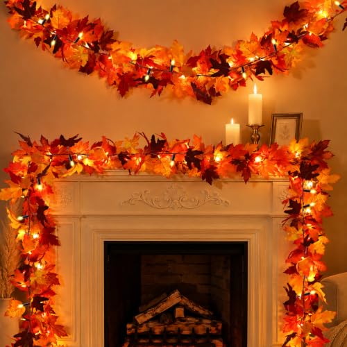12Ft 50 LED Fall Garland with Lights - 8 Modes Waterproof Battery Operated for Indoor Holiday Decor - 2 Pack