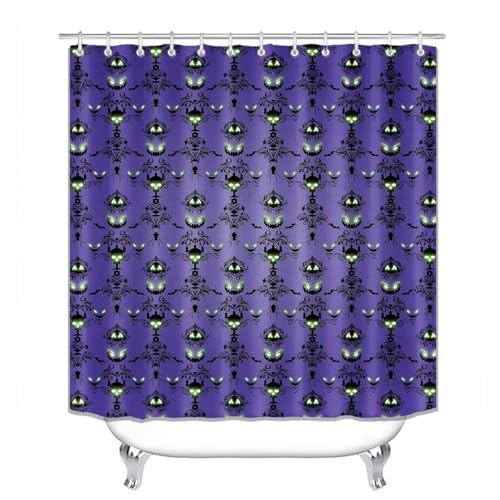 Halloween Shower Curtain Set with Rugs - Purple Skull Pumpkin Bat Design, Waterproof Fabric, Non-Slip Bathroom Decor - Variation: Purple Halloween