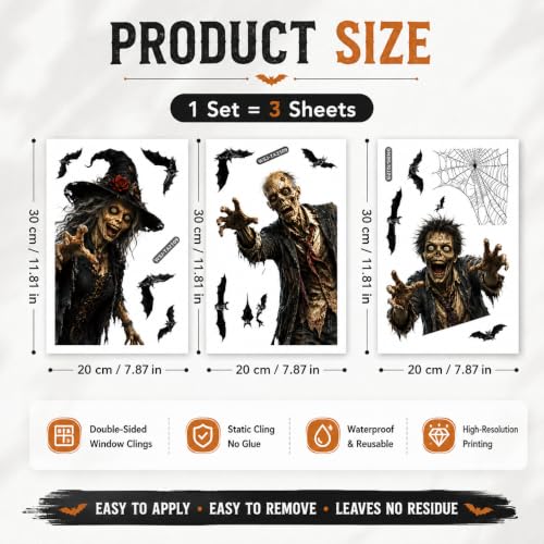 Halloween Window Clings PVC Witch Zombie Bat Decals Not Luminous - 12 pcs