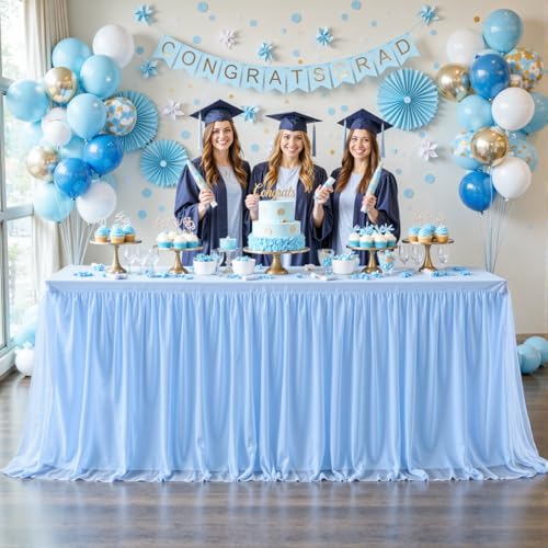 8ft Baby Blue Ruffle Tulle Tablecloth Set - 96 x 30 Inches for Party & Event, 4 Pack