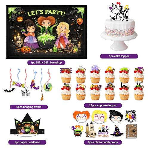 Halloween Witch Party Decorations Set with Backdrop, Masks, Headbands, Cupcake Toppers & Photo Booth Props