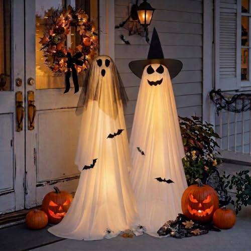 Minetom 2 Pack 5 FT Halloween Ghost Decorations Light Up Ghosts with Tripods & Remote - Veil-Witch Hat / 59in