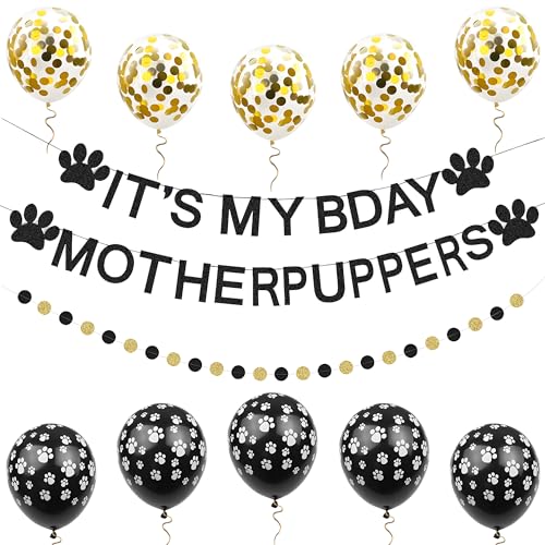 Dog Birthday Party Decorations Kit with Banner Balloons & Garland - Black & Gold