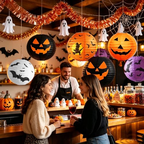 Halloween Hanging Paper Lanterns Set - 12PCS Ghost Pumpkin Decor - Orange, Black, White, Purple