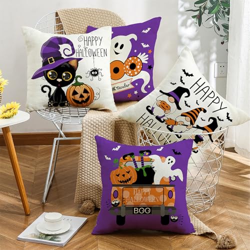Purple Ghost Cat Halloween Throw Pillow Covers Set of 4 18x18 Style 2