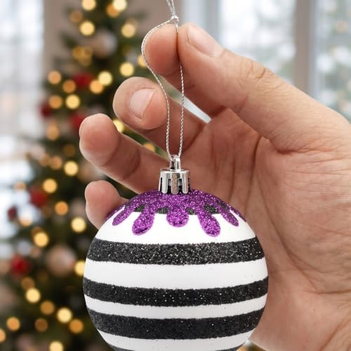 Medoore 24Pcs Gothic Black & White Christmas Ornaments with Purple & Green Glitter Drips - 2.36 Inch Hanging Balls for Halloween Xmas Tree & Party Decor