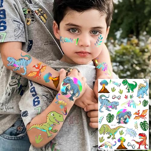 Dinosaur Temporary Tattoos Set - Iridescent Metallic 3D Dino Stickers for Kids & Teens - Variation: Dinosaur