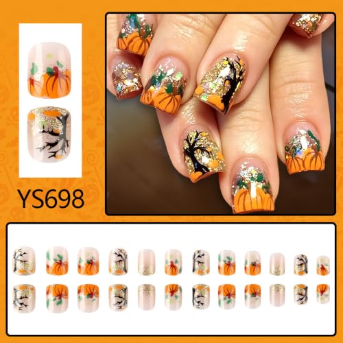 Halloween Press On Nails Short Square with Pumpkin Leaves Glitter - Variation W11