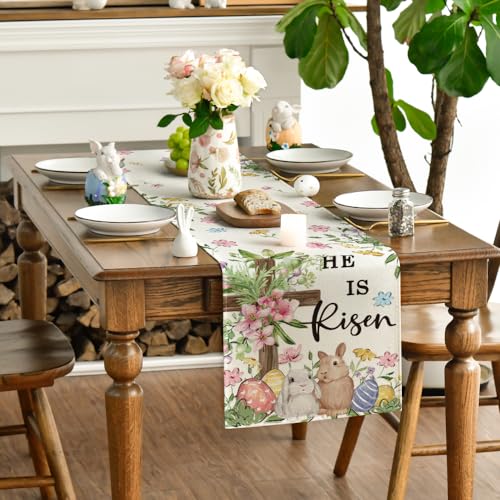 Easter Bunny Eggs Table Runner 13x72 Inch Seasonal Spring Kitchen Decor - Beige
