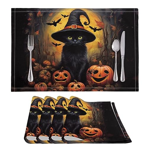 Reusable Table Placemats Set of 4 - Black Cat Witch Pumpkin Halloween Decor