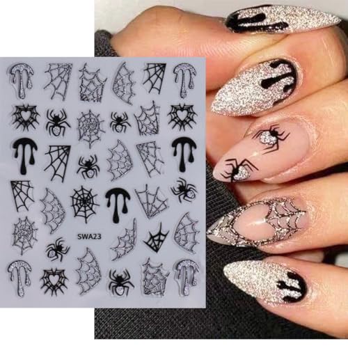 Multicolor Glitter Halloween Nail Stickers Spider Web Rhinestones 8 Sheets - Nail Art Decoration