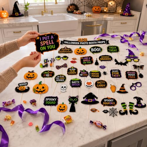 Halloween Photo Booth Props Kit - 30PCS with Stickers & Glue Dots - Pumpkin, Witch Hat, Skull, Bat, Spider - 46 Variation