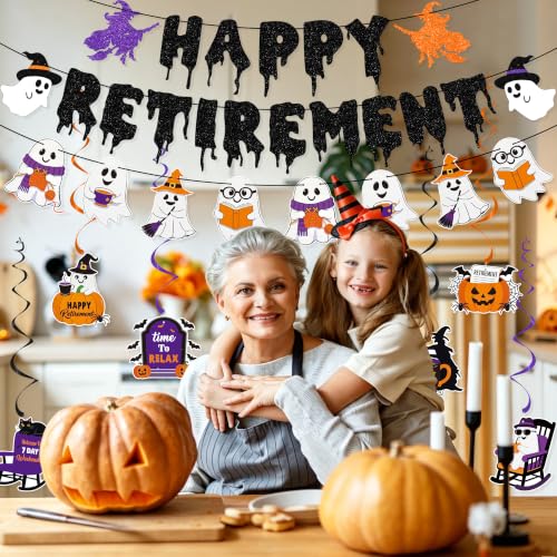 Halloween Retirement Banner Party Decoration - Black & Purple, Ghost & Witch Theme