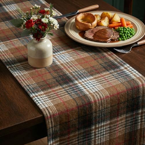 13 x 120 Inch Coffee Brown Farmhouse Plaid Table Runner - Rustic Fall Holiday Decor