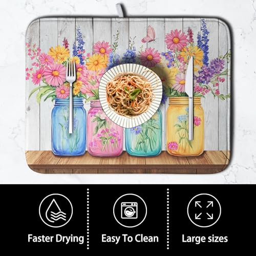 Daisy Flower Dish Drying Mat for Kitchen Counter - Pink, 16x18 Inch