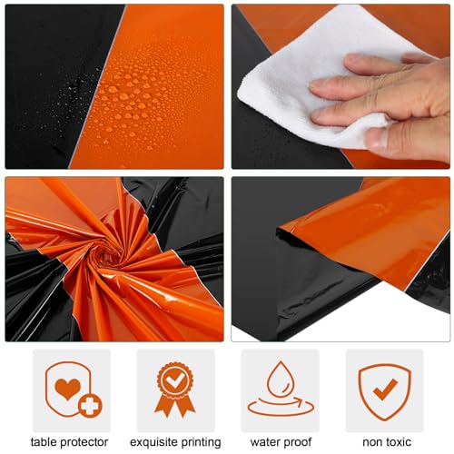 Remagr Disposable Round Plastic Tablecloth 84 Inch - Black & Orange 3 Pack