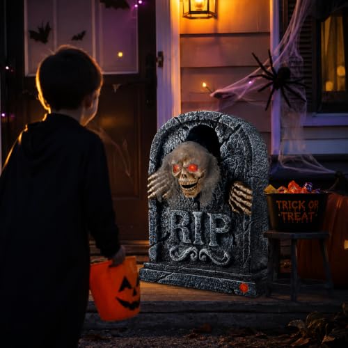 Halloween Animatronic Zombie Tombstone - LED Light Up Skeleton, Creepy Voice & Motion Activated Decor - Variation: Tombstone
