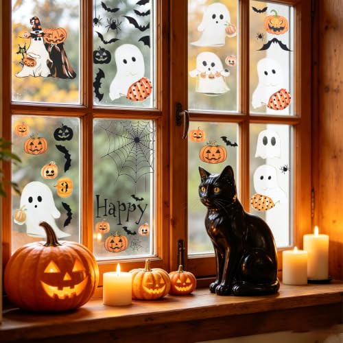 Halloween Window Clings 137 Pcs Ghost Pumpkin Bat Black Cat Static Stickers