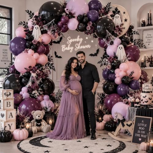 Black Pink Purple Balloons Double Stuffed Balloon Garland Kit for Halloween Birthday Baby Shower Wedding