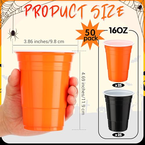 Halloween Plastic Cups 16oz - 50 Pack Disposable Black & Orange Party Cups