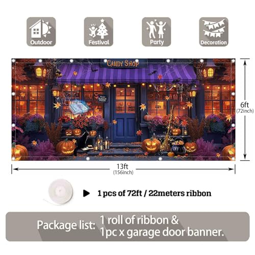 Halloween Candy Shop Garage Door Banner Decorations - 16x7ft, Festive Outdoor Holiday Decor