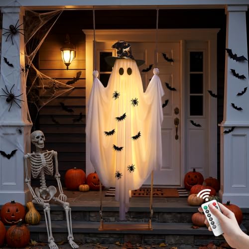 Light Up Halloween Ghost on Swing – 5FT Outdoor Decor with Remote & 8 Modes