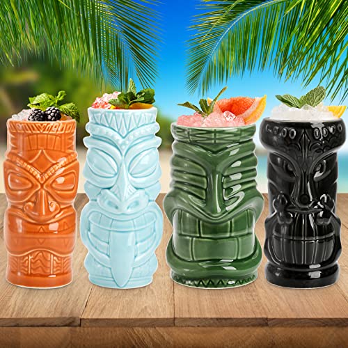 Ceramic Tiki Mug Set 4-Pack - Hawaiian Party Cocktail Cups 16-20oz