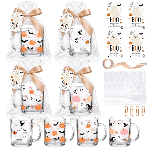 Halloween Glass Mug Gift Set with Ghost Pumpkin Bat Designs - 12 oz, 17 pcs