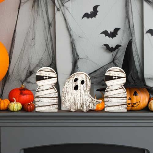 Halloween Mummy and Ghost Wooden Signs Decor Set - Spooky 3D Table Decorations