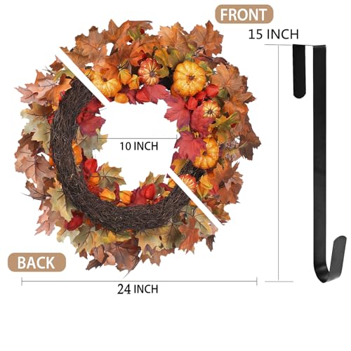 Large 24 Inch Autumn Fall Wreath for Front Door with Pumpkins and Leaves