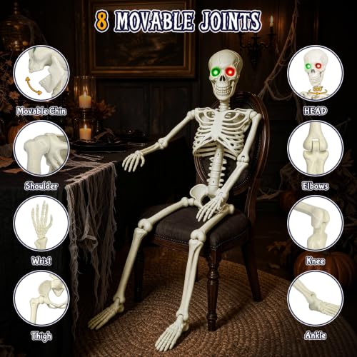 White 2 Pack 36-inch Halloween Skeleton Decorations with Luminescent Eyes — Hanging Skull Props for Indoor Decor