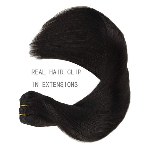 Real Human Hair Clip in Hair Extensions ailiceehr 16inch Clips in Human Hair Extension Striaght 8Pcs Double Weft Thick and Soft Natural Black 90g.