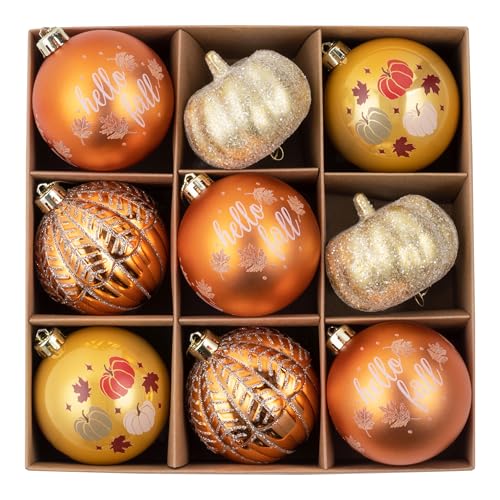 Fall Ornaments Christmas Tree Decorations - Autumn Glow 9pcs 3.15 Inch Orange Harvest