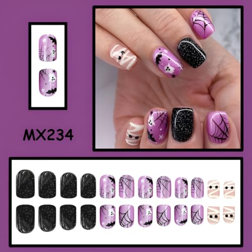 Halloween Short Square Fake Nails - Mummy Design, Purple Black, 24Pcs