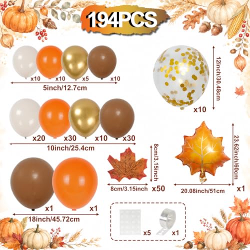 Fall Balloon Arch Kit with Maple Leaves - Orange & Brown Variations, Thanksgiving Party Decorations